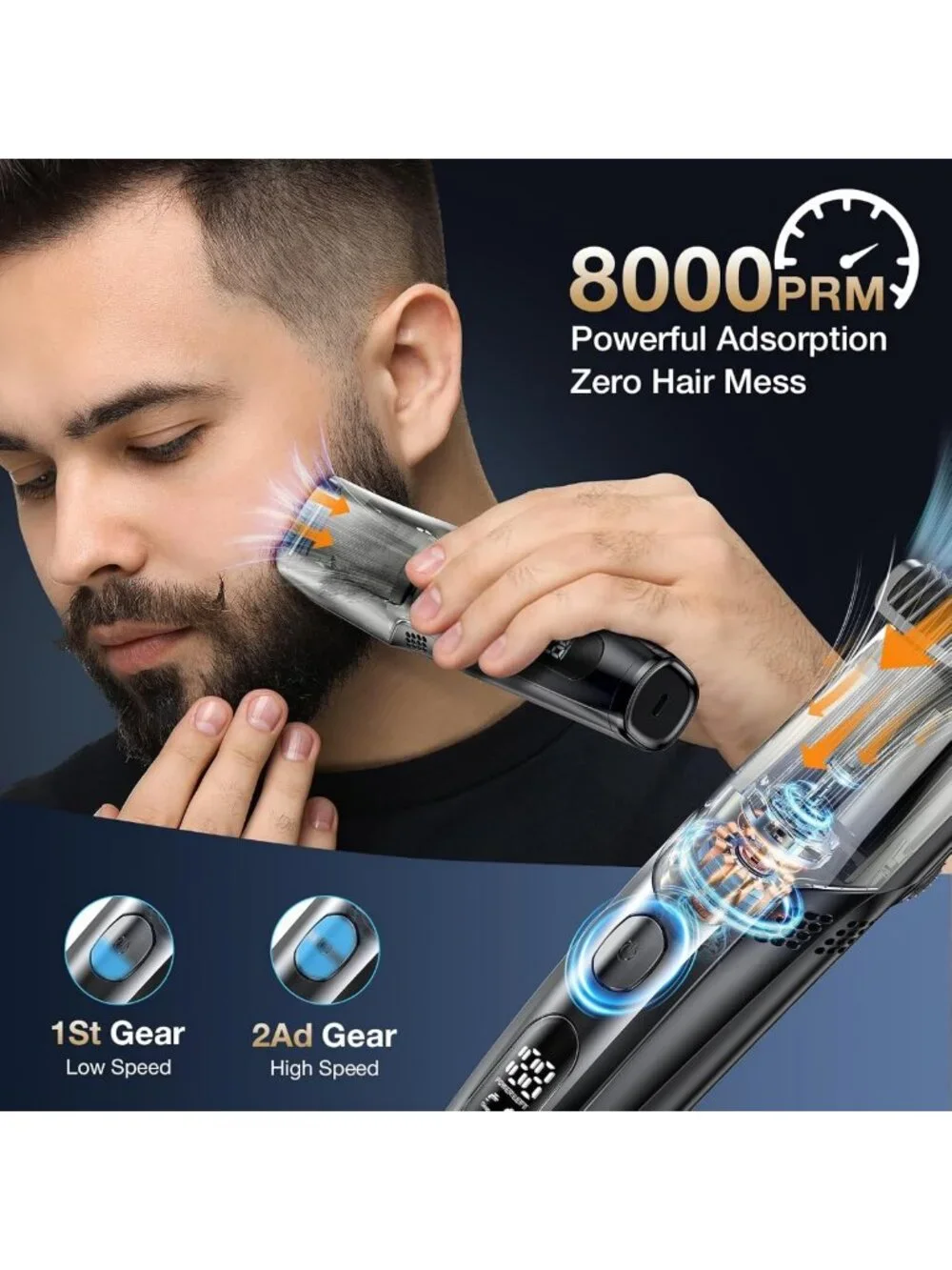 Cordless Vacuum Beard Trimmer for Men, Adjustable Length, Waterproof, Easy Clean